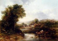 Watts, Frederick Waters - An Extensive River Landscape With A Drover In A Cart With His Cattle